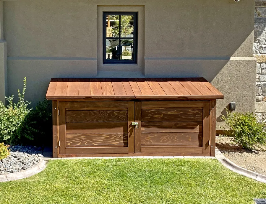 Custom Storage Shed (Options:  8' L, 3'-4" W, 3'-3 7/8" H, California Redwood, One Set of Doors Opening Out From Center, Hardware Kit for Concrete, Coffee Stain Premium Sealant). Photo Courtesy of Thomas Bordigioni of Reno, NV.