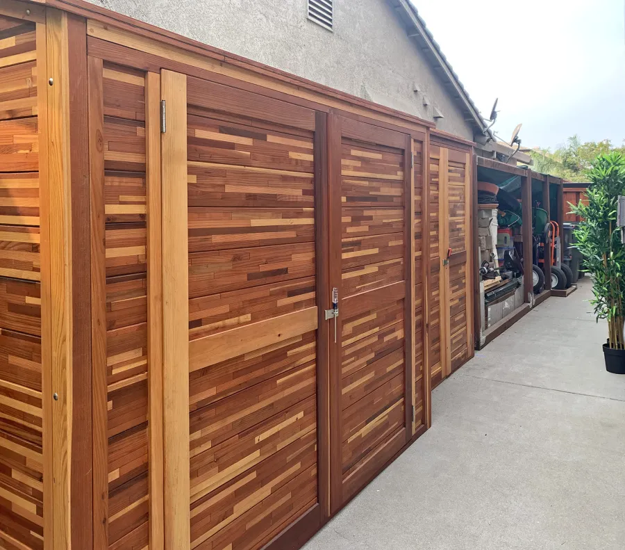 Storage Sheds (Options: 8' W, 3' D, 7' H & 5' W, 2' D, 7' H, Mosaic Redwood, Double Doors, Inclination of The Roof to Be From Back to Door, No Shelving, Transparent Premium Sealant). 