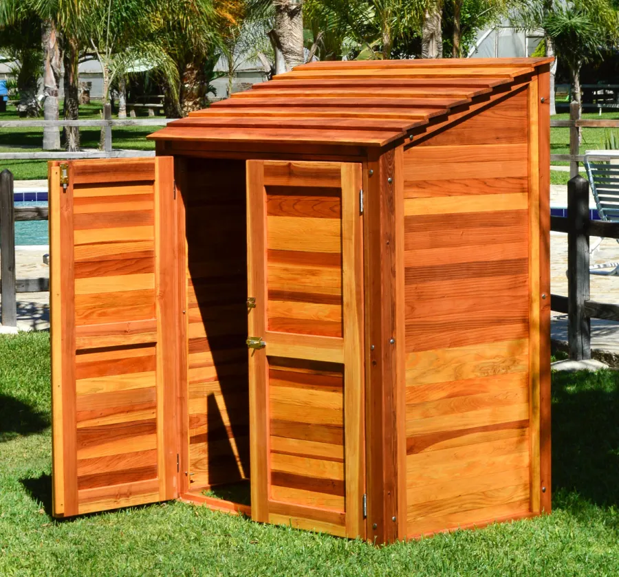 Storage Sheds (Options: 4.5' W, 3' D, 6' H, California Redwood, Double Doors, One Shelf on the Side Opposite the Door, 42" Shelving Height, Transparent Premium Sealant).
