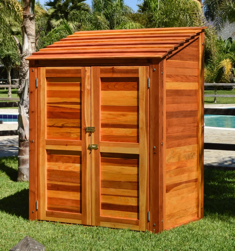 Storage Sheds (Options: 4.5' W, 3' D, 6' H, California Redwood, Double Doors, One Shelf on the Side Opposite the Door, 42" Shelving Height, Transparent Premium Sealant). 