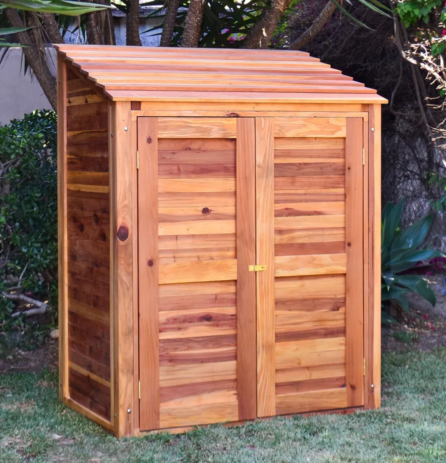 Storage Sheds (Options: 4.5' W, 3' D, 6' H, California Redwood, Double Doors, One Shelf, 48", Transparent Premium Sealant). Shelf to 1/2 width of shed by custom request.