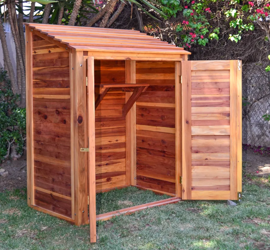 Storage Sheds (Options: 4.5' W, 3' D, 6' H, California Redwood, Double Doors, One Shelf, 48", Transparent Premium Sealant). Shelf to 1/2 width of shed by custom request.