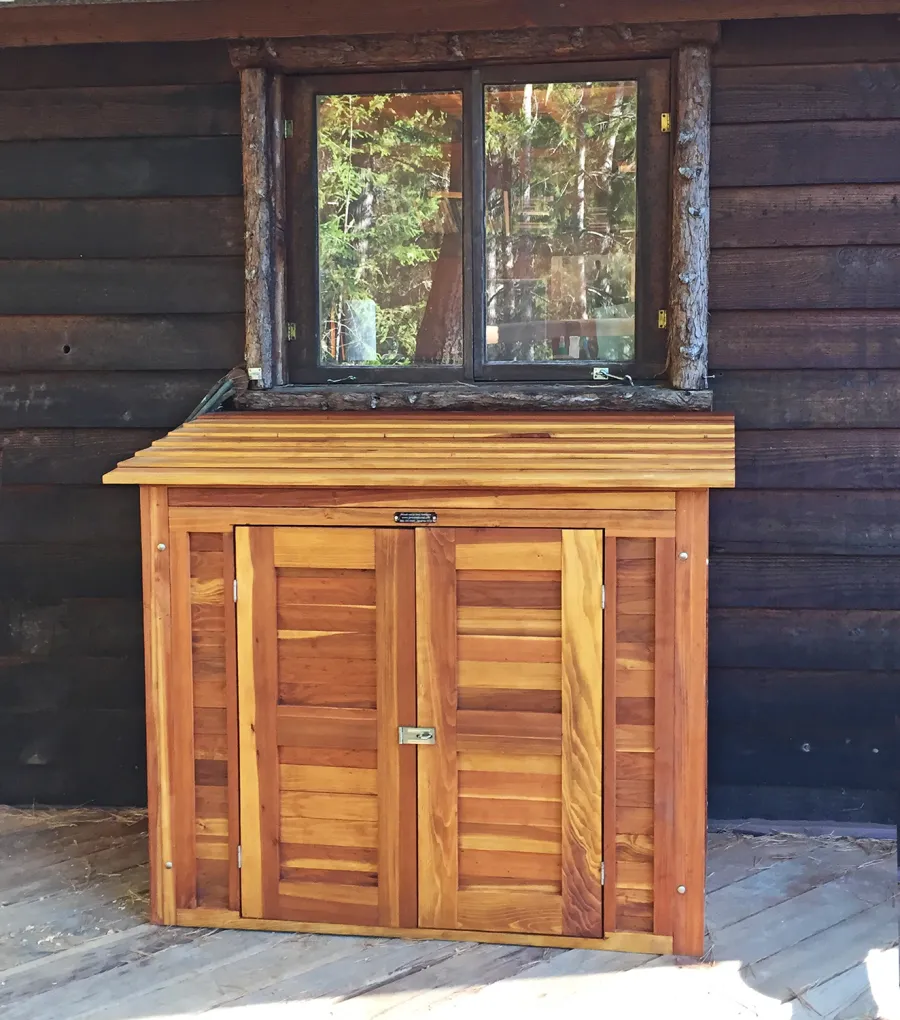 Storage Sheds (Options: 4.5' W, 2' D, 4' H, California Redwood, Double Doors, Two Shelves at 28" H & 14" H, Transparent Premium Sealant). Photo Courtesy of R. Hernandez of Annapolis, CA.
