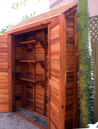 Storage Sheds (Options: 7' W, 2' D, 7' H, California Redwood, Double doors, One Shelf, 42", Transparent Premium Sealant).