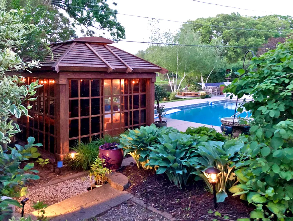 Pool garden at dusk