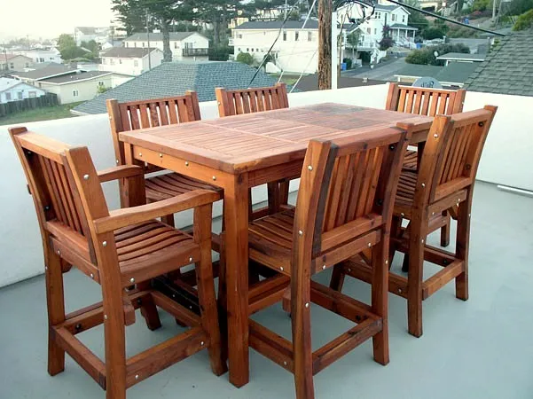Terrace Wood Cocktail Table (Options: Rectangular, Cocktail Bar Stools with arms, Mature Redwood, 6 Stools, No Swivel Seat, 28" H Seat, No Cushions, 42" H Table, Slatted Tabletop, Squared Corners, 6 Stools, No Swivel, 23 inch High Seat, No Cushions, Transparent Premium Sealant).