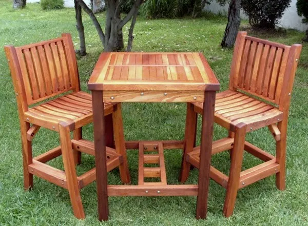 Terrace Wood Cocktail Table (Options: Square, Cocktail Bar Stools without arms, Redwood mix, 42" H Table, Slatted Tabletop, Squared Corner, No Swivel Seat, 28" H Seat, No Cushion, Transparent Premium Sealant). Table highlights 3 Redwood grades.