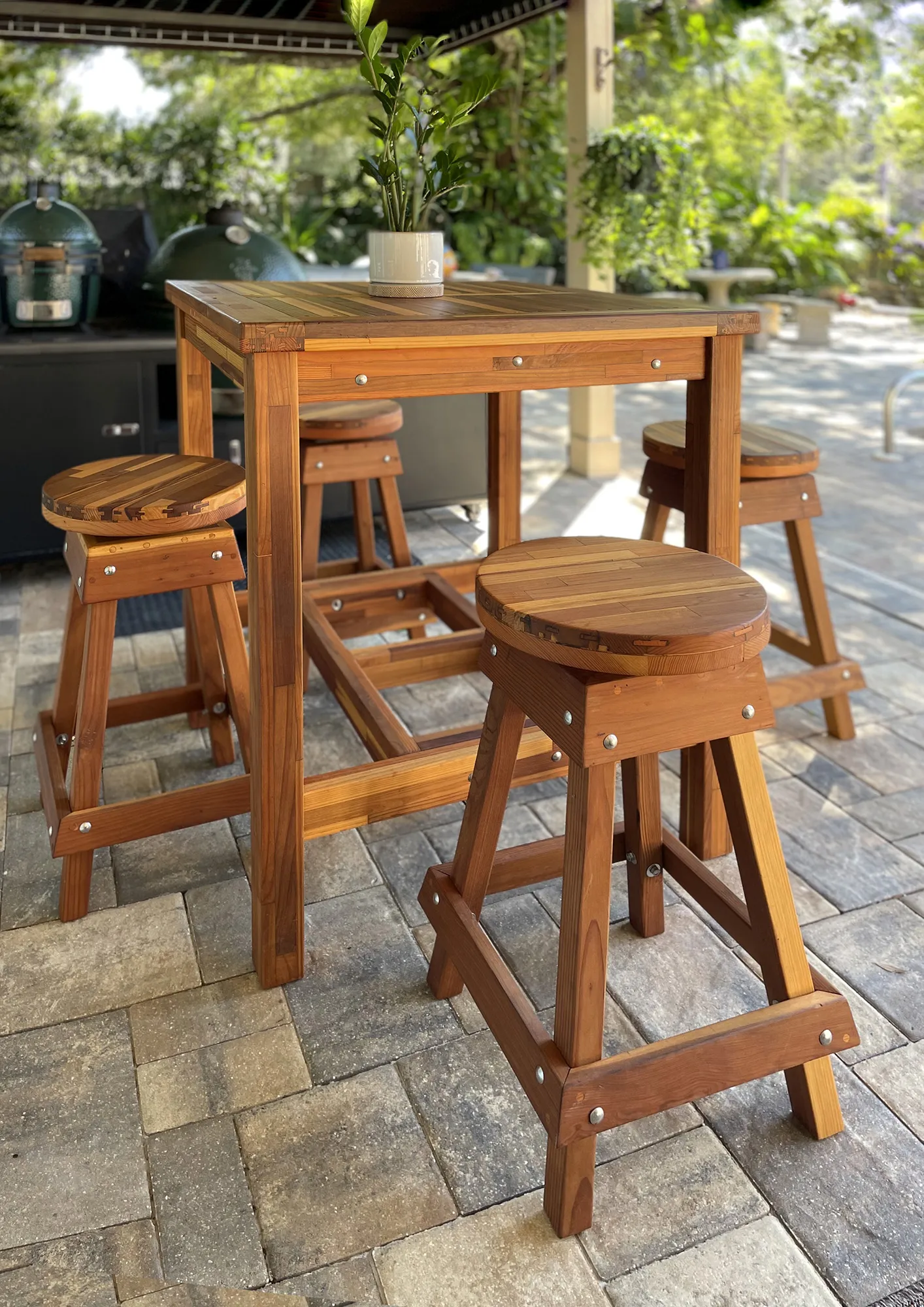 Custom Terrace Wood Cocktail Table, 3' x 3' Square, Redwood Mosaic, in Palm Harbor, FL