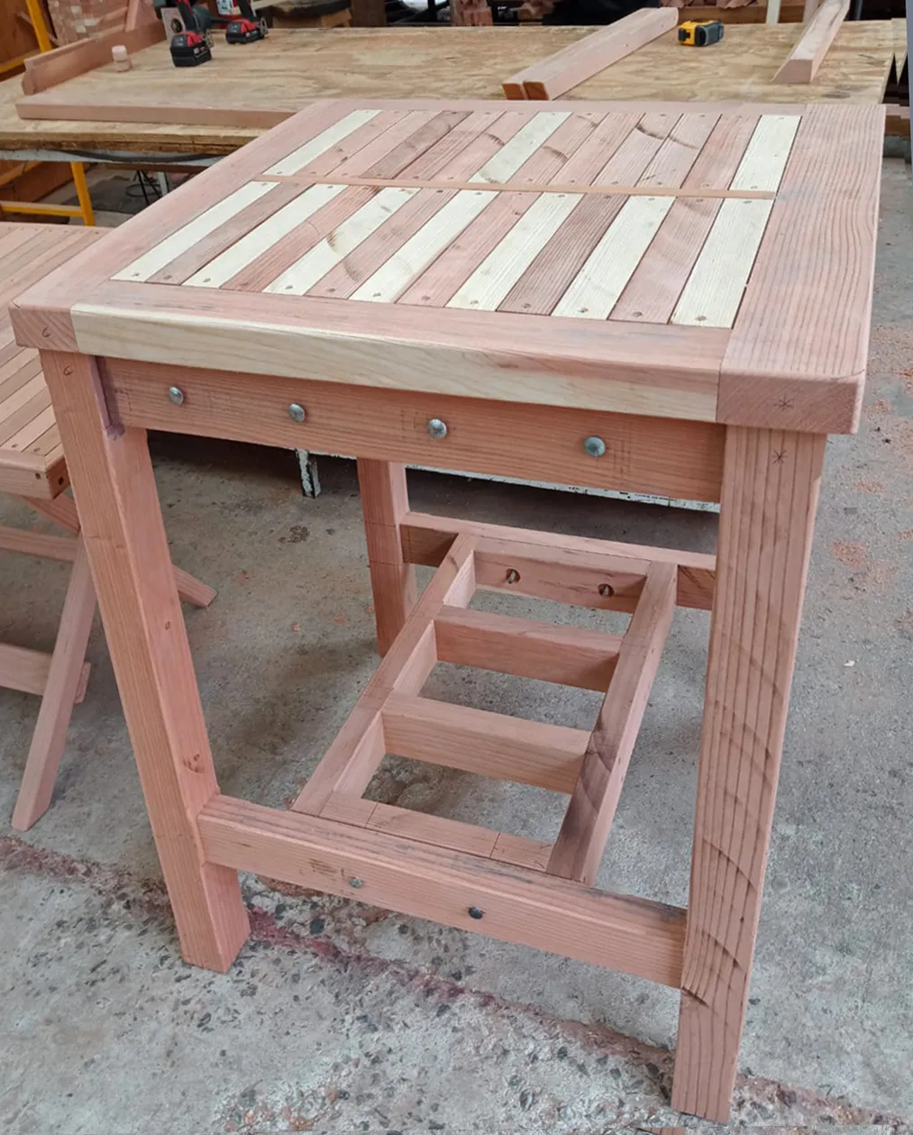 Terrace Wood Cocktail Table in Production, California Redwood
