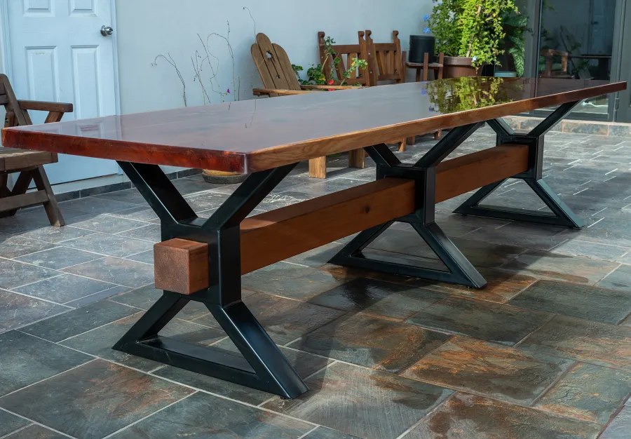 Ancient Redwood Epoxy Finish Slab Table (Options: 11' L, 34" W, 2" Tabletop Thickness, Standard Steel Legs).