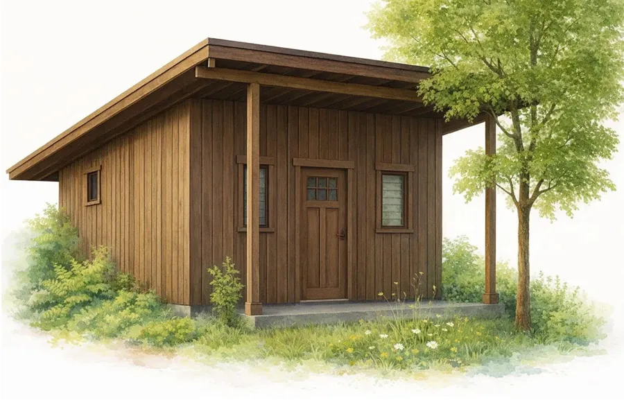 Render of Athens Tiny Home with Standard Options (25' L x 15' W, asphalt shingle roof, interior wall partitions and doors with wood flooring. Interior walls are a mix of wood and drywall. Exterior wall is tongue and groove Redwood with a solid core front door and front porch area under the roof).