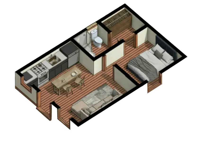 Render of Athens Tiny Home with Standard Options (25' L x 15' W, asphalt shingle roof, interior wall partitions and doors with wood flooring. Interior walls are a mix of wood and drywall. Exterior wall is tongue and groove Redwood with a solid core front door and front porch area under the roof).