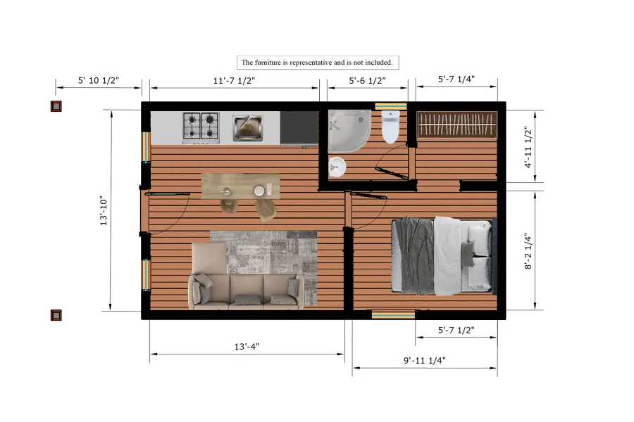 Render of Athens Tiny Home with Standard Options (25' L x 15' W, asphalt shingle roof, interior wall partitions and doors with wood flooring. Interior walls are a mix of wood and drywall. Exterior wall is tongue and groove Redwood with a solid core front door and front porch area under the roof).