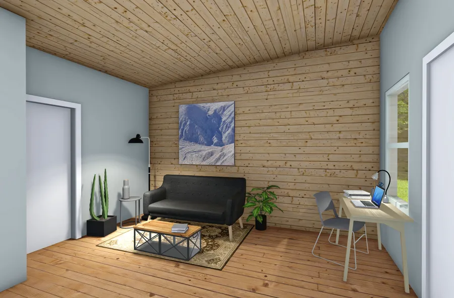 Render of Athens Tiny Home with Standard Options (25' L x 15' W, asphalt shingle roof, interior wall partitions and doors with wood flooring. Interior walls are a mix of wood and drywall. Exterior wall is tongue and groove Redwood with a solid core front door and front porch area under the roof).