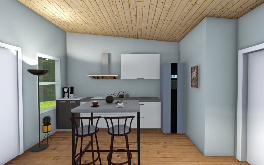 Render of Athens Tiny Home with Standard Options (25' L x 15' W, asphalt shingle roof, interior wall partitions and doors with wood flooring. Interior walls are a mix of wood and drywall. Exterior wall is tongue and groove Redwood with a solid core front door and front porch area under the roof).