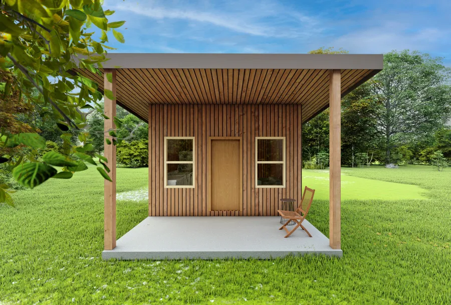 Render of Athens Tiny Home with Standard Options (25' L x 15' W, asphalt shingle roof, interior wall partitions and doors with wood flooring. Interior walls are a mix of wood and drywall. Exterior wall is tongue and groove Redwood with a solid core front door and front porch area under the roof).