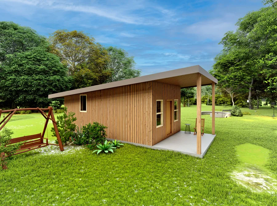 Render of Athens Tiny Home with Standard Options (25' L x 15' W, asphalt shingle roof, interior wall partitions and doors with wood flooring. Interior walls are a mix of wood and drywall. Exterior wall is tongue and groove Redwood with a solid core front door and front porch area under the roof).