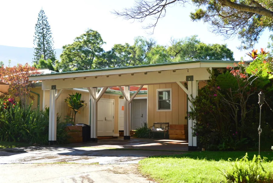 Big Timber Carport Pavilion (Options: 28 ft Large x 22ft Depth, Redwood, No Electrical Wiring Trim, 8ft H Front Post with 9.5 ft H Back Post, Off-White Oil-Based Primer). Unfinished Ceiling Roof by Custom Request.