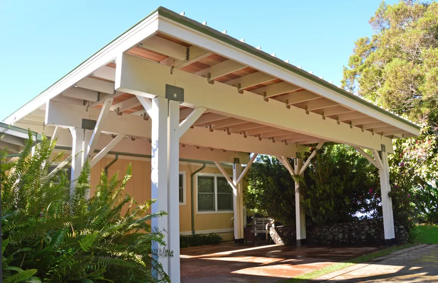 Big Timber Carport Pavilion (Options: 28 ft Large x 22ft Depth, Redwood, No Electrical Wiring Trim, 8ft H Front Post with 9.5 ft H Back Post, Off-White Oil-Based Primer). Unfinished Ceiling Roof by Custom Request.