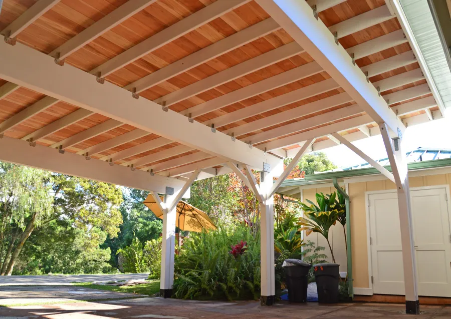 Big Timber Carport Pavilion (Options: 28 ft Large x 22ft Depth, Redwood, No Electrical Wiring Trim, 8ft H Front Post with 9.5 ft H Back Post, Off-White Oil-Based Primer). Unfinished Ceiling Roof by Custom Request.