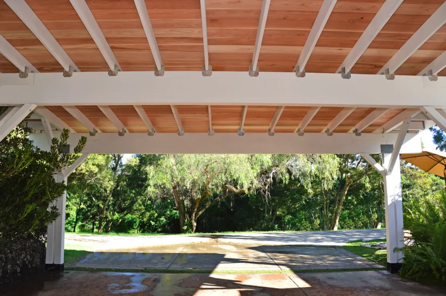 Big Timber Carport Pavilion (Options: 28 ft Large x 22ft Depth, Redwood, No Electrical Wiring Trim, 8ft H Front Post with 9.5 ft H Back Post, Off-White Oil-Based Primer). Unfinished Ceiling Roof by Custom Request.