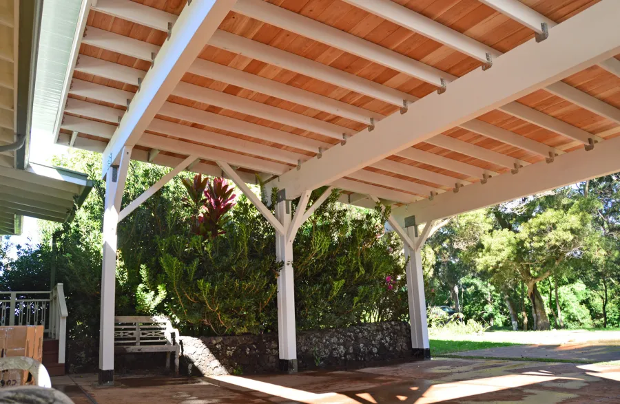 Big Timber Carport Pavilion (Options: 28 ft Large x 22ft Depth, Redwood, No Electrical Wiring Trim, 8ft H Front Post with 9.5 ft H Back Post, Off-White Oil-Based Primer). Unfinished Ceiling Roof by Custom Request.