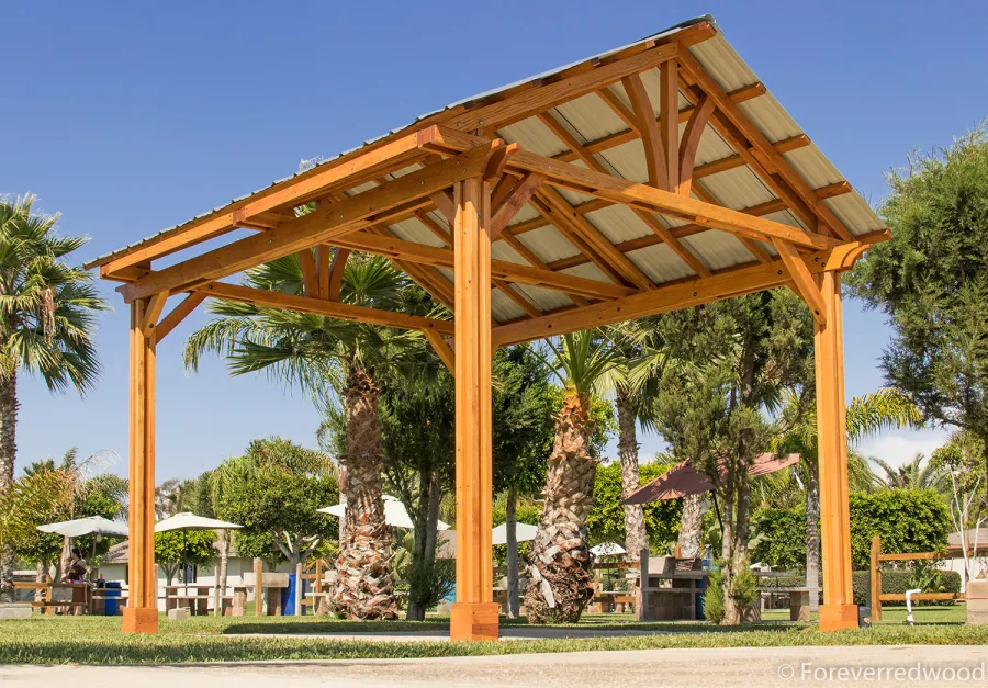 Breezy Pavilion (Options: 14' L x 12' W, Douglas-fir, 4-Post Anchor Kit for High-Wind, No Ceiling Fan Base, Vertical Decorative Trims, Transparent Premium Sealant).