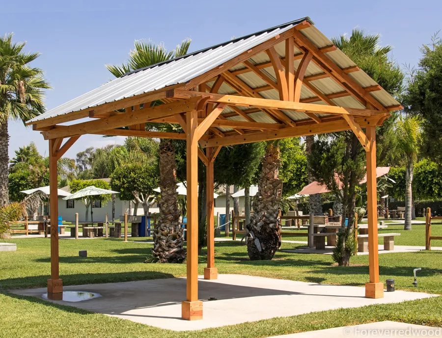 Breezy Pavilion (Options: 14' L x 12' W, Douglas-fir, 4-Post Anchor Kit for High-Wind, No Ceiling Fan Base, Vertical Decorative Trims, Transparent Premium Sealant).