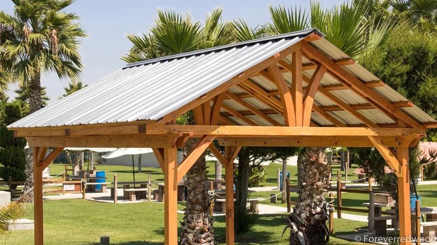 Breezy Pavilion (Options: 14' L x 12' W, Douglas-fir, 4-Post Anchor Kit for High-Wind, No Ceiling Fan Base, Vertical Decorative Trims, Transparent Premium Sealant).