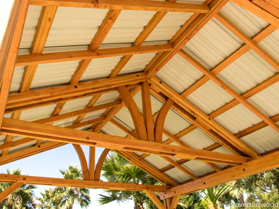 Breezy Pavilion (Options: 14' L x 12' W, Douglas-fir, 4-Post Anchor Kit for High-Wind, No Ceiling Fan Base, Vertical Decorative Trims, Transparent Premium Sealant).