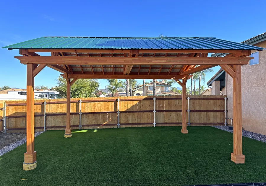 Breezy Pavilion (Options: 20' L x 15' W, Mosaic Douglas-Fir, 4-Post Anchor Kit for Concrete, No Ceiling Fan Base, No Post Decorative Trims, Transparent Premium Sealant). Photo Courtesy of B. Worley of Ramona, CA.