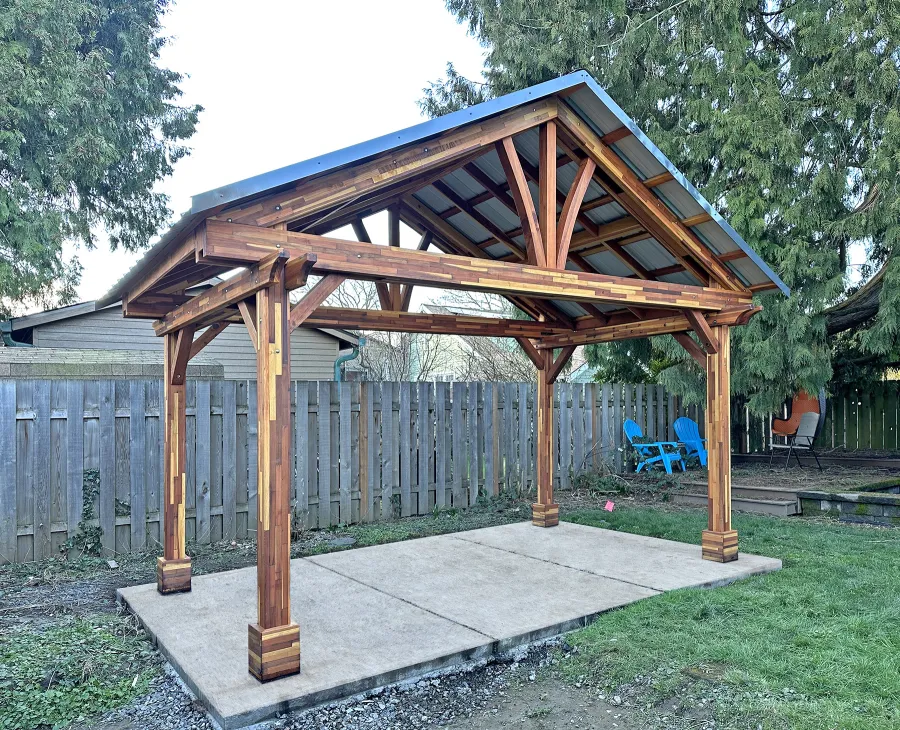 Breezy Pavilion (Options: 10' L x 16' W, Mosaic Redwood, 8.5' H Posts, Transparent Premium Sealant). Photo Courtesy of G. Sinclair of Portland, OR.