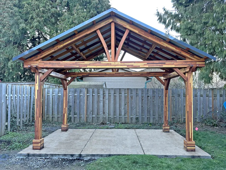 Breezy Pavilion (Options: 10' L x 16' W, Mosaic Redwood, 8.5' H Posts, Transparent Premium Sealant). Photo Courtesy of G. Sinclair of Portland, OR.