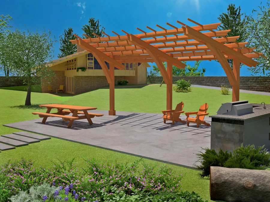Cantilevered Pergola (Options: 6in x 6in Post Thickness, 16' Length x 18' Width, California Redwood, 9 ft Posts Height, 3-Post High-Wnd Anchor Kit Embedded in Concrete, Transparent Premium Sealant). Render Art.