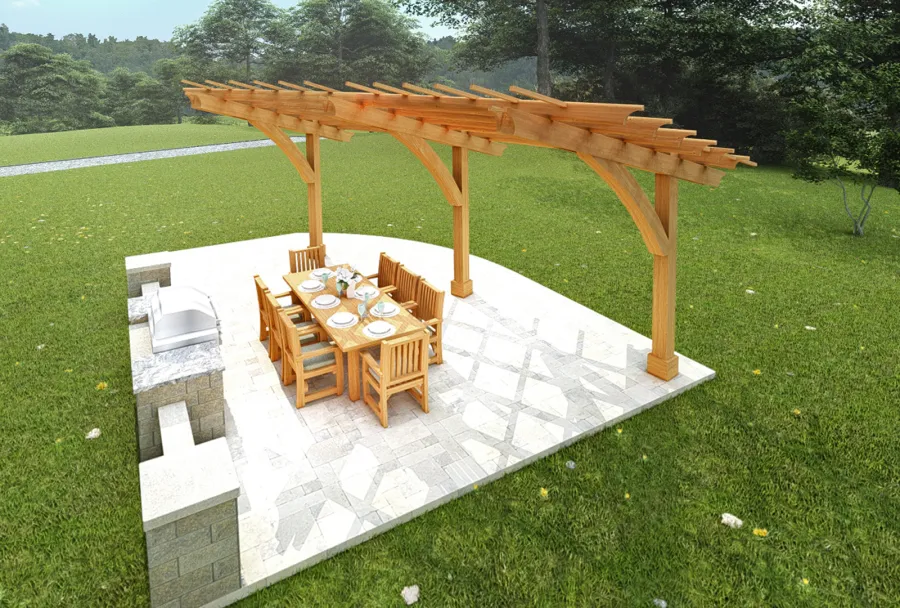 Cantilevered Pergola (Options: 6in x 6in Post Thickness, 16' Length x 18' Width, California Redwood, 9 ft Posts Height, 3-Post High-Wnd Anchor Kit Embedded in Concrete, Transparent Premium Sealant). Render Art.