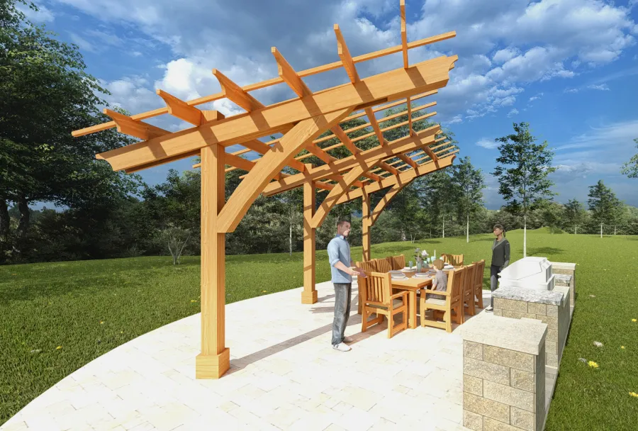 Cantilevered Pergola (Options: 6in x 6in Post Thickness, 16' Length x 18' Width, California Redwood, 9 ft Posts Height, 3-Post High-Wnd Anchor Kit Embedded in Concrete, Transparent Premium Sealant). Render Art.