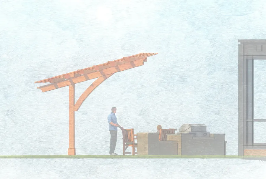 Cantilevered Pergola (Options: 6in x 6in Post Thickness, 16' Length x 18' Width, California Redwood, 9 ft Posts Height, 3-Post High-Wnd Anchor Kit Embedded in Concrete, Transparent Premium Sealant). Render Art.