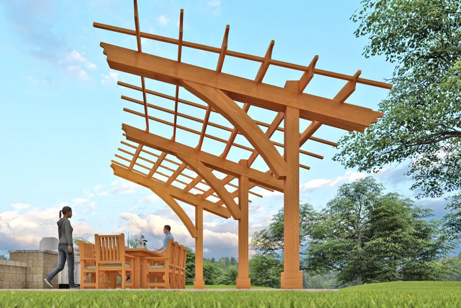 Cantilevered Pergola (Options: 6in x 6in Post Thickness, 16' Length x 18' Width, California Redwood, 9 ft Posts Height, 3-Post High-Wnd Anchor Kit Embedded in Concrete, Transparent Premium Sealant). Render Art.