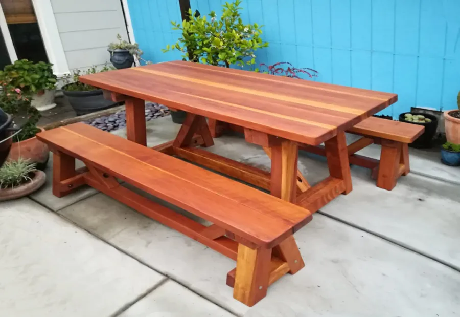 Classic Redwood Patio Table (Options: 6' L x 34 1/2" W, California Redwood, Side Benches, 1 Full Length Bench Per Side, Standard Tabletop, Rounded Corners, No Umbrella Hole, Transparent Premium Sealant). Photo Courtesy of J. Travesi of San Francisco, CA.