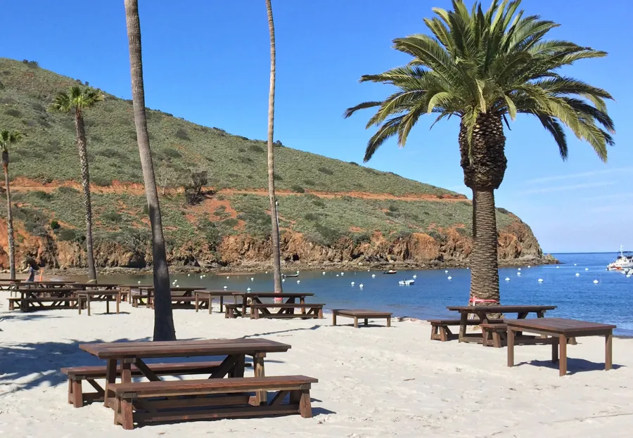 Classic Redwood Patio Table (Options: California Redwood, Side Benches, 1 Full Length Bench Per Side, Standard Tabletop, Slightly Rounded Corners, No Umbrella Hole, Coffee Stain Premium Sealant). Photo Shows Customized Version of Patio Tables. Tables Installed in Catalina Island, CA.