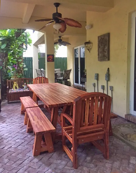 Classic Redwood Patio Table (Options: Mosaic Redwood, Benches & End Armchairs, Luna Chairs, 2 Half Length Benches Per Side, Seamless Tabletop, Slightly Rounded Corners, No Umbrella Hole, Transparent Premium Sealant).