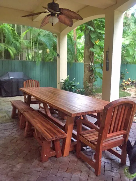 Classic Redwood Patio Table (Options: Mosaic Redwood, Benches & End Armchairs, Luna Chairs, 2 Half Length Benches Per Side, Seamless Tabletop, Slightly Rounded Corners, No Umbrella Hole, Transparent Premium Sealant).