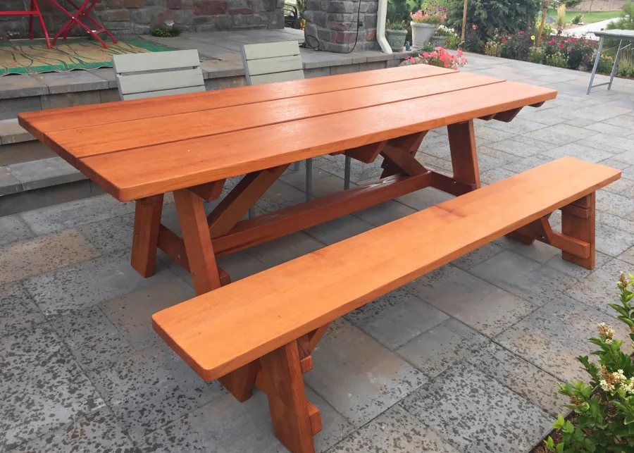 Classic Redwood Patio Tables (Options: 8' L, 34 ½" W, Side Bench, Mature Redwood, 1 Full Length Side Bench on One Side, Custom Tabletop [3-Plank Bookmatch Top], Slightly Rounded Corners, No Umbrella Hole, Transparent Premium Sealant). Photo Courtesy of J. Gannon of Broomfield, CO