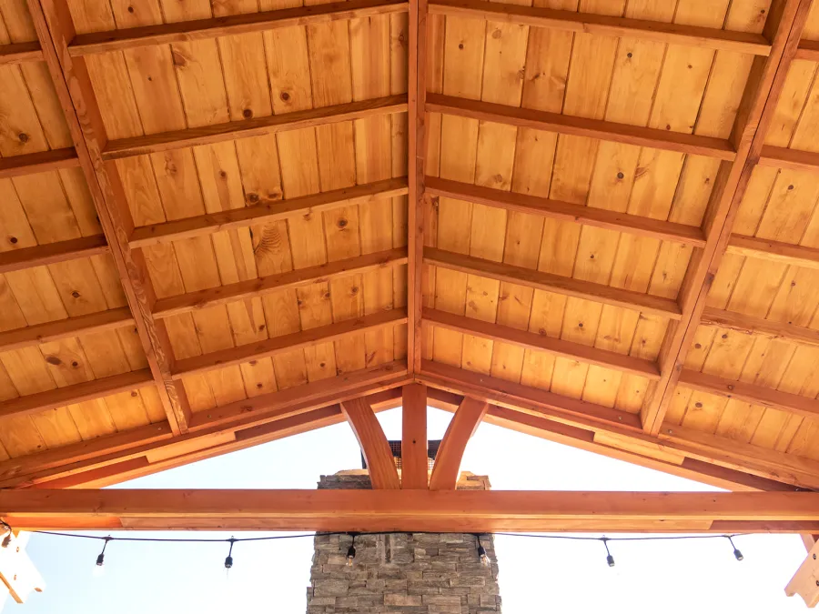 Del Norte Porch Pavilion (Options: 12' L x 16' W, Douglas-fir, 2-Post Anchor Kit for Concrete, No Ceiling Fan Base, No Electrical Wiring Trim Kit, No Post Decorative Trims, Transparent Premium Sealant). Photo Courtesy of J. Clark of San Diego, CA.