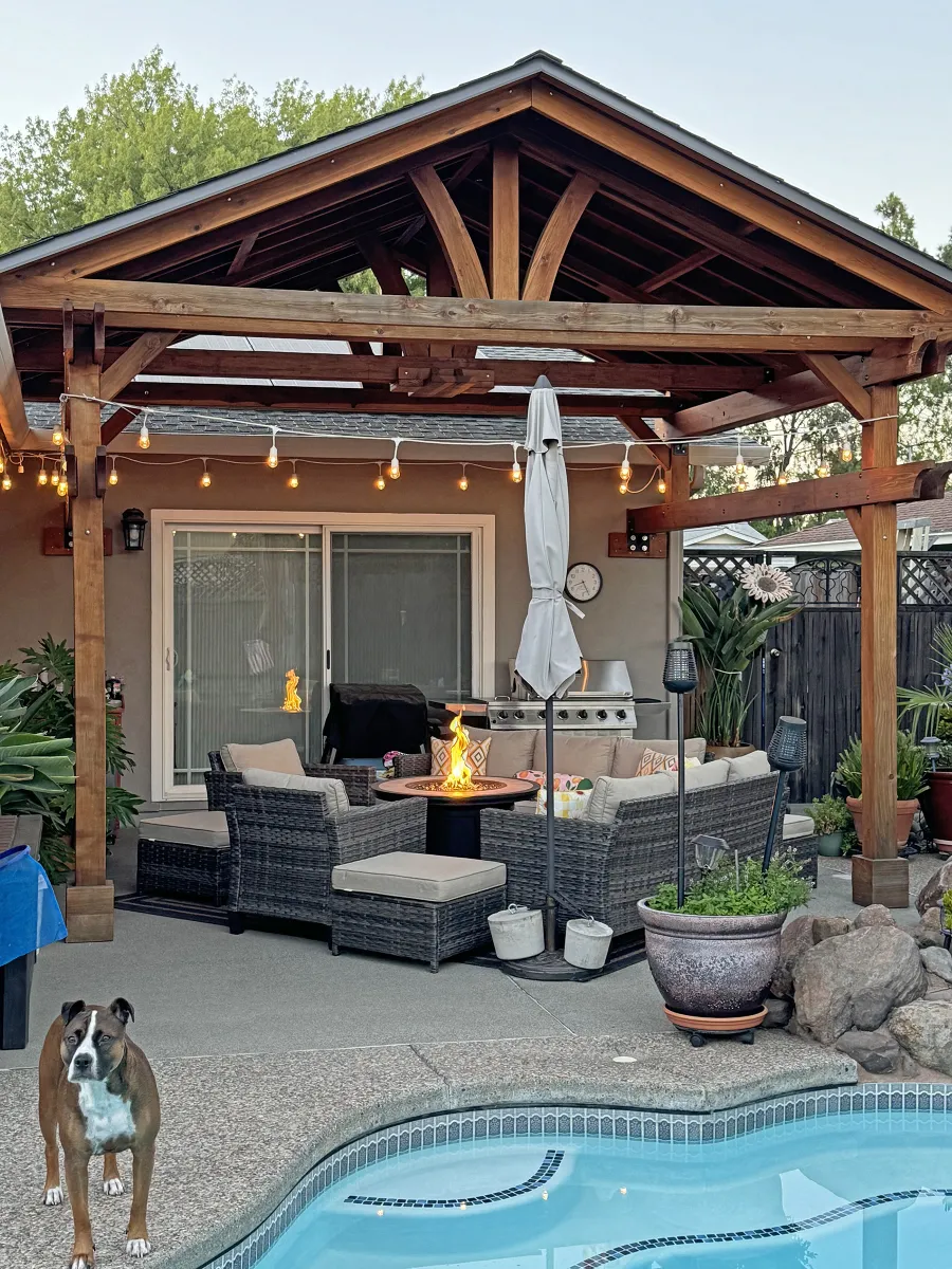 Custom Del Norte Porch Pavilion (Options: 14' L x 16' W, California Redwood, 2-Post Anchor Kit for Concrete, 10.5' H Posts, 1 Ceiling Fan Base, No Electrical Wiring Trim Kit, No Post Decorative Trims, Transparent Premium Sealant). Photo Taken 2 Years After Installation. Photo Courtesy of R. Dakin of Vacaville, CA.