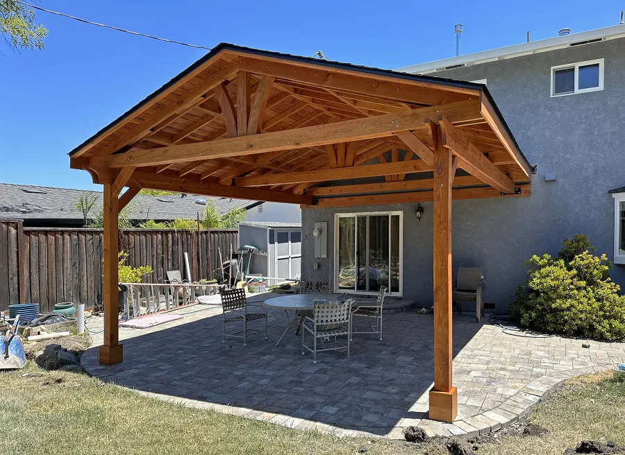 Del Norte Porch Pavilion (Options: 20' L x 18' W, Douglas-Fir, 2-Post Anchor Kit for High-Wind, No Ceiling Fan Base, No Electrical Wiring Trim Kit, No Post Decorative Trim, Transparent Premium Sealant). Photo Courtesy of M. Galligan of Los Gatos, CA.