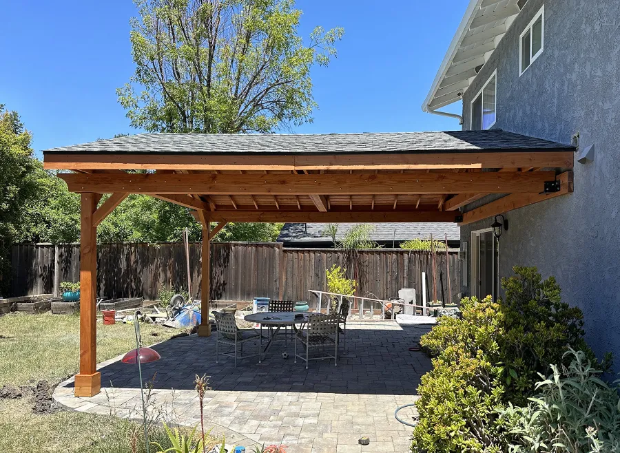 Del Norte Porch Pavilion (Options: 20' L x 18' W, Douglas-Fir, 2-Post Anchor Kit for High-Wind, No Ceiling Fan Base, No Electrical Wiring Trim Kit, No Post Decorative Trim, Transparent Premium Sealant). Photo Courtesy of M. Galligan of Los Gatos, CA.