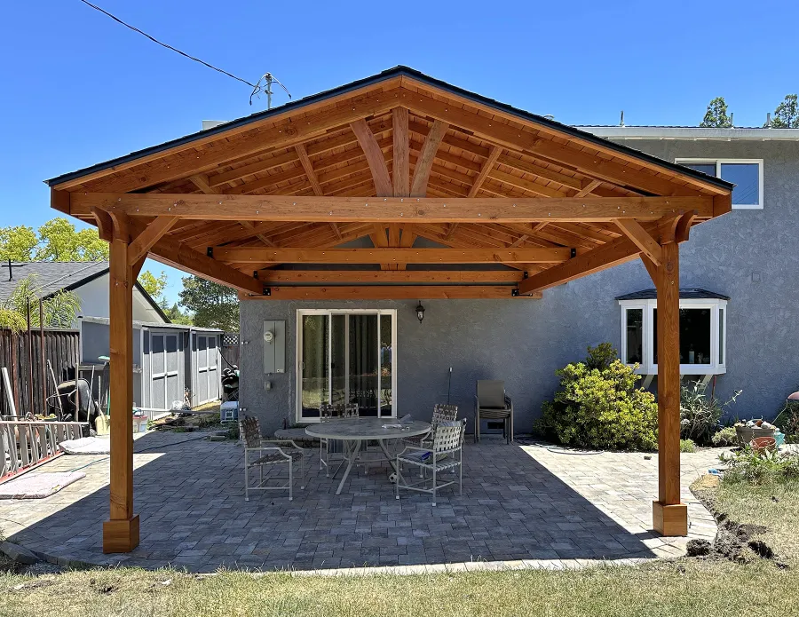 Del Norte Porch Pavilion (Options: 20' L x 18' W, Douglas-Fir, 2-Post Anchor Kit for High-Wind, No Ceiling Fan Base, No Electrical Wiring Trim Kit, No Post Decorative Trim, Transparent Premium Sealant). Photo Courtesy of M. Galligan of Los Gatos, CA.