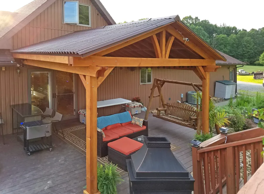 Del Norte Porch Pavilion (Options: 15'L x 15'W, Douglas-fir, 2-Post Anchor Kit for Wood, 2 Electrical Wiring Trims, 8.5 ft Posts Height, 1 Ceiling Fan Base, No Curtain Rods, No Privacy Panels, Transparent Premium Sealant). Photo Courtesy of M. McGinnis of Sarver, Pennsylvania.
