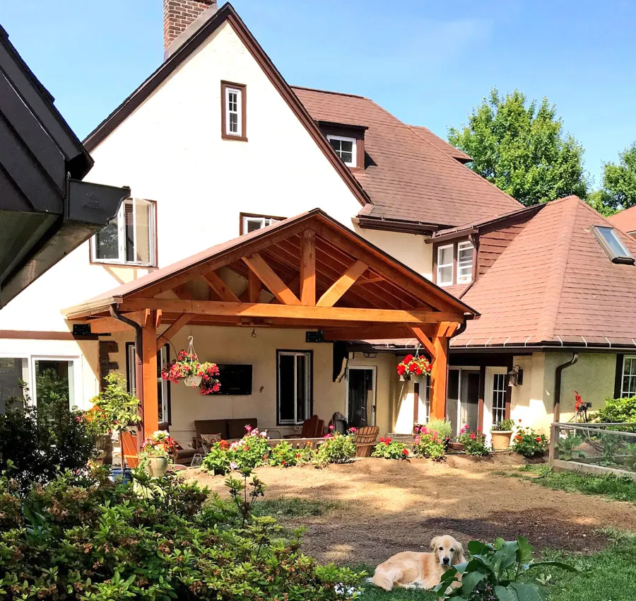 Del Norte Porch Pavilion (Options: 17' L x 18' W, Douglas-fir, 2-Post Anchor Kit for High-Wind, 1 Ceiling Fan Base, Straight Internal Truss Supports by Custom Request, 1 Electrical Wiring Trim Kit, No Post Decorative Trims, Transparent Premium Sealant).